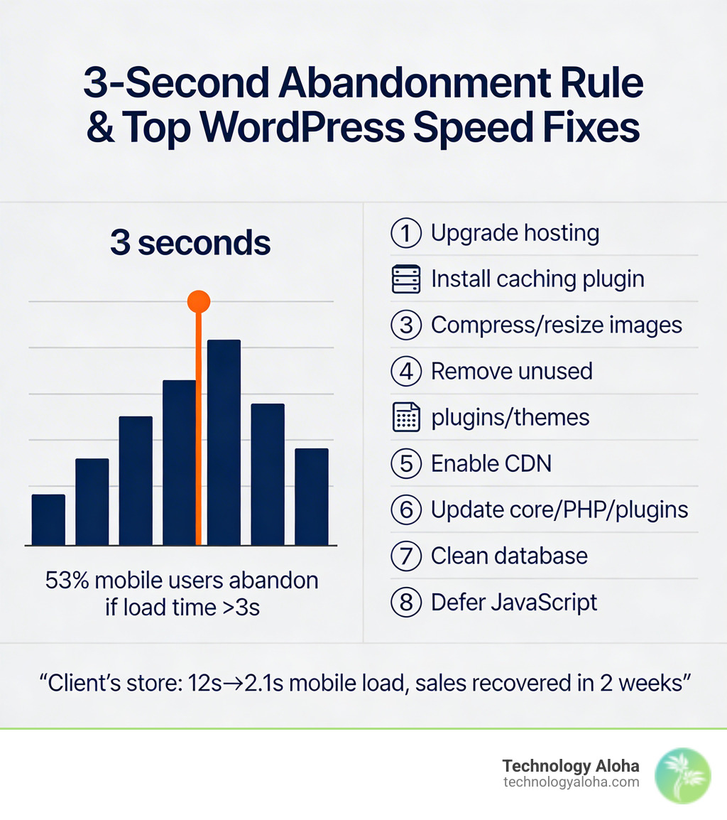 Infographic showing the 3-second abandonment rule and top WordPress speed fixes - speed up page load time wordpress Infographic showing the 3-second abandonment rule and top WordPress speed fixes - speed up page load time wordpress