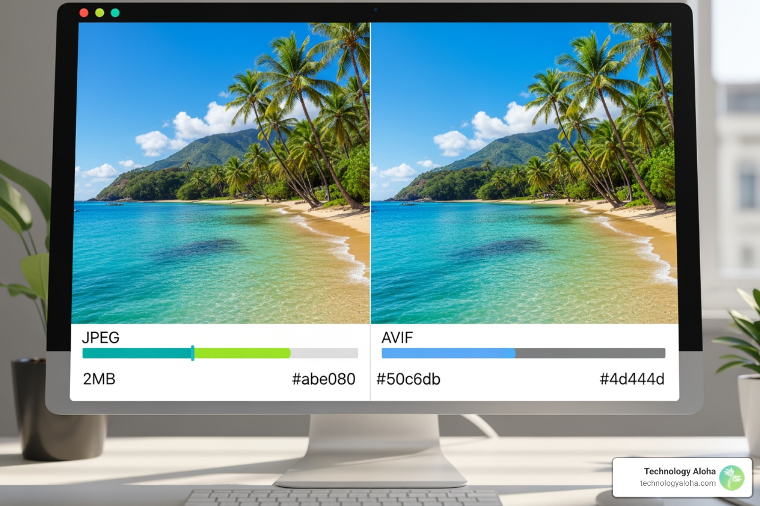 Comparison of JPEG vs AVIF compression showing file size reduction and quality retention - high performance website builds