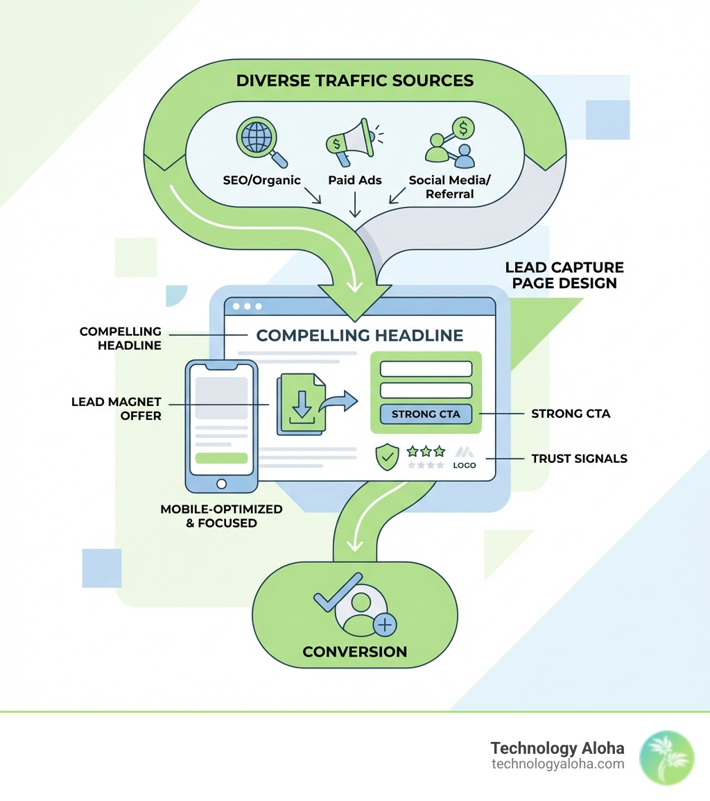 Lead generation funnel from traffic to lead capture page conversion - lead capture page design infographic Lead generation funnel from traffic to lead capture page conversion - lead capture page design infographic