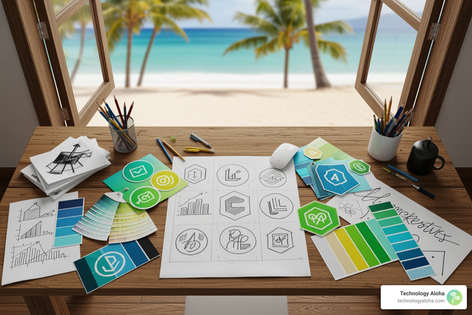 Logo sketches and color swatches on a desk with a palm tree background - how to create a brand identity
