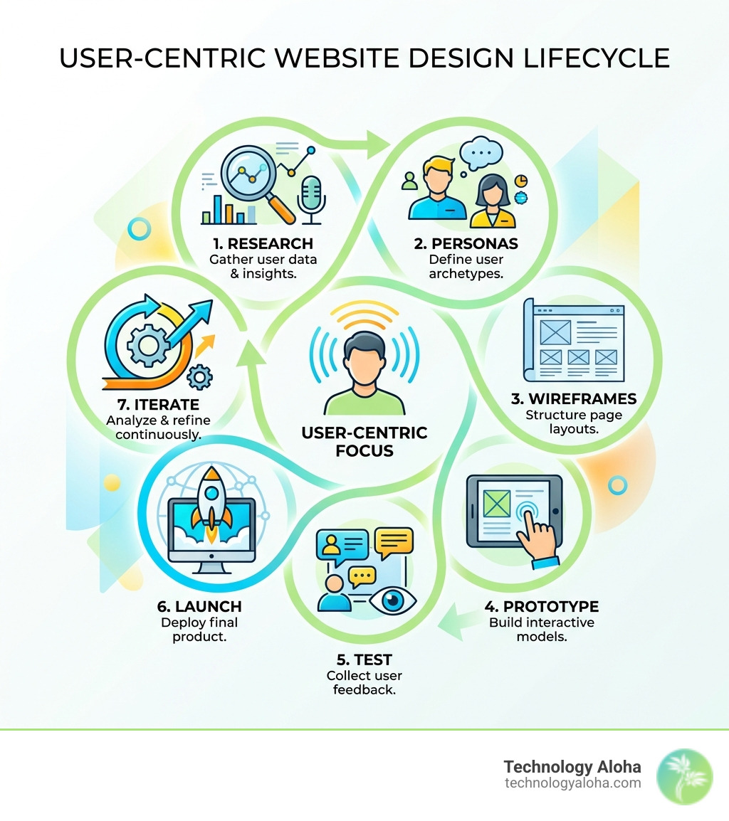 Infographic showing the user-centric design lifecycle: Research, Personas, Wireframes, Prototype, Test, Launch, Iterate Infographic showing the user-centric design lifecycle: Research, Personas, Wireframes, Prototype, Test, Launch, Iterate