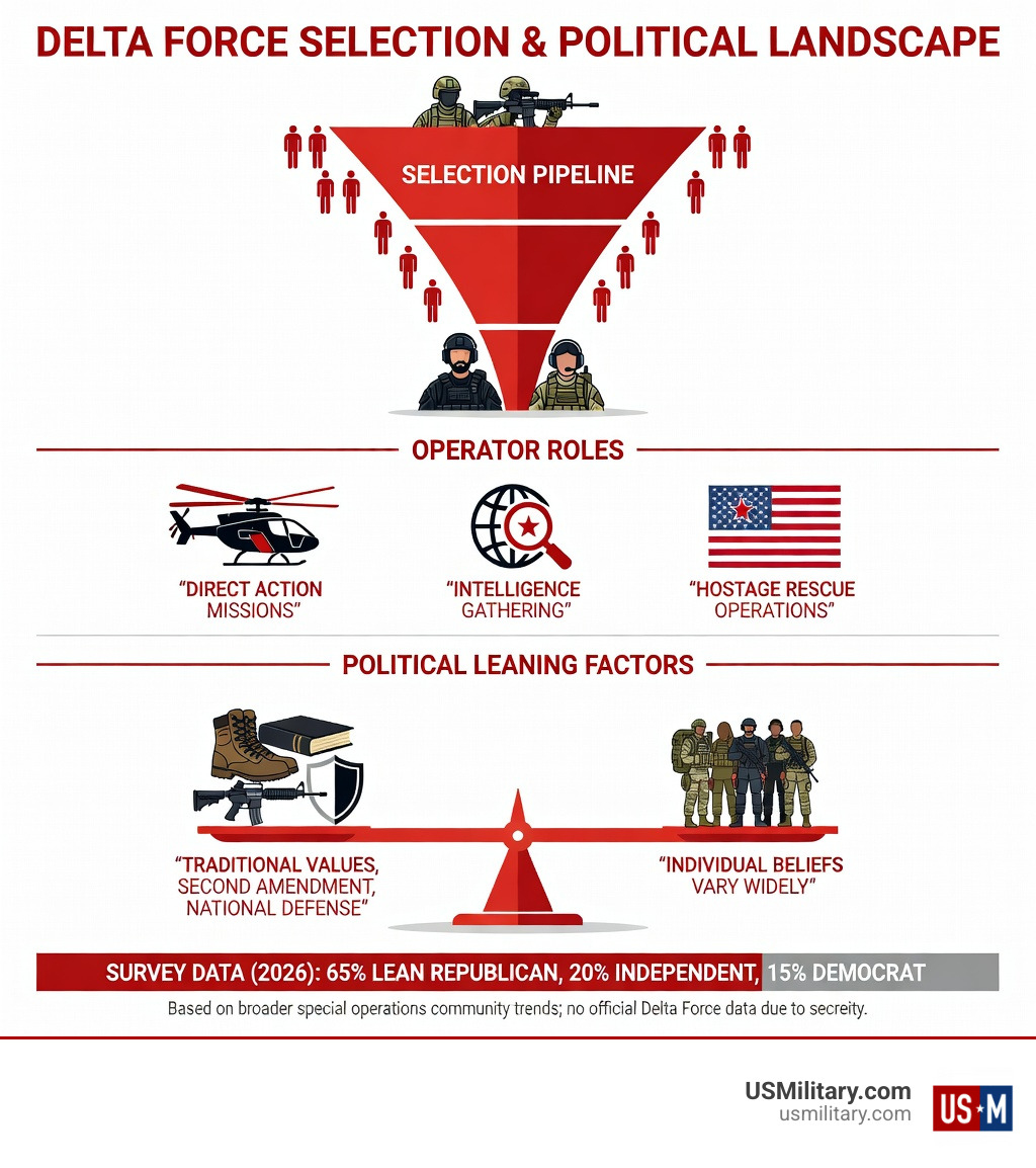 Infographic showing Delta Force selection pipeline, operator roles, and political leaning factors - Do Army Delta Force