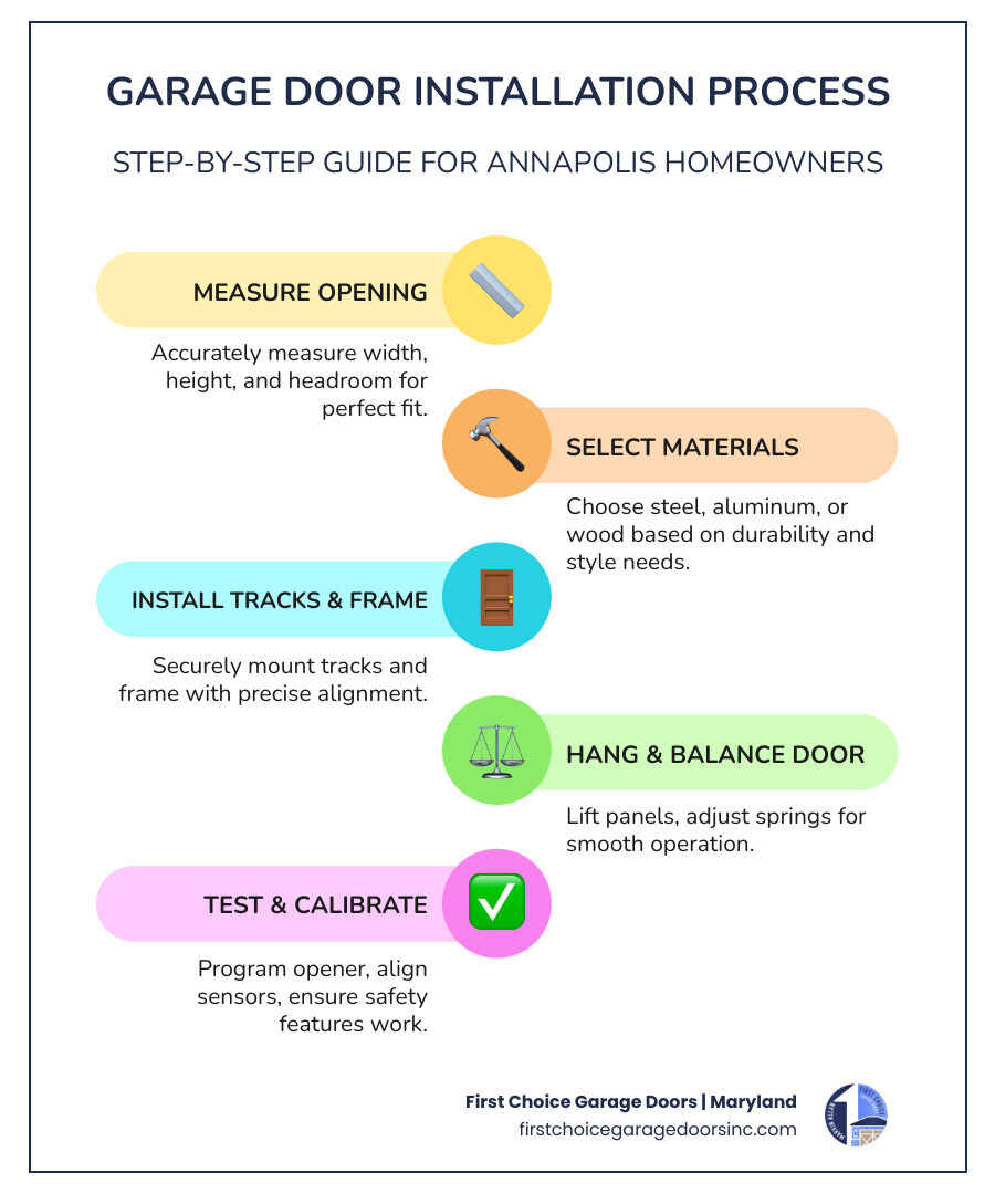 Infographic showing garage door installation process steps for Annapolis MD homeowners - garage door installation in