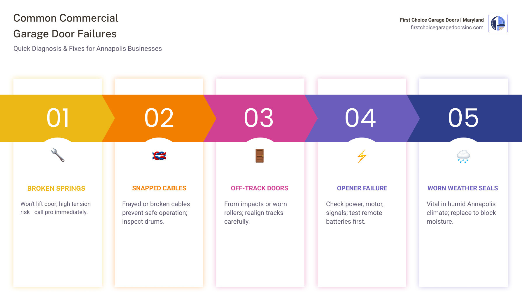 Infographic showing common commercial garage door problems and quick fix steps - commercial garage door repair in annapolis