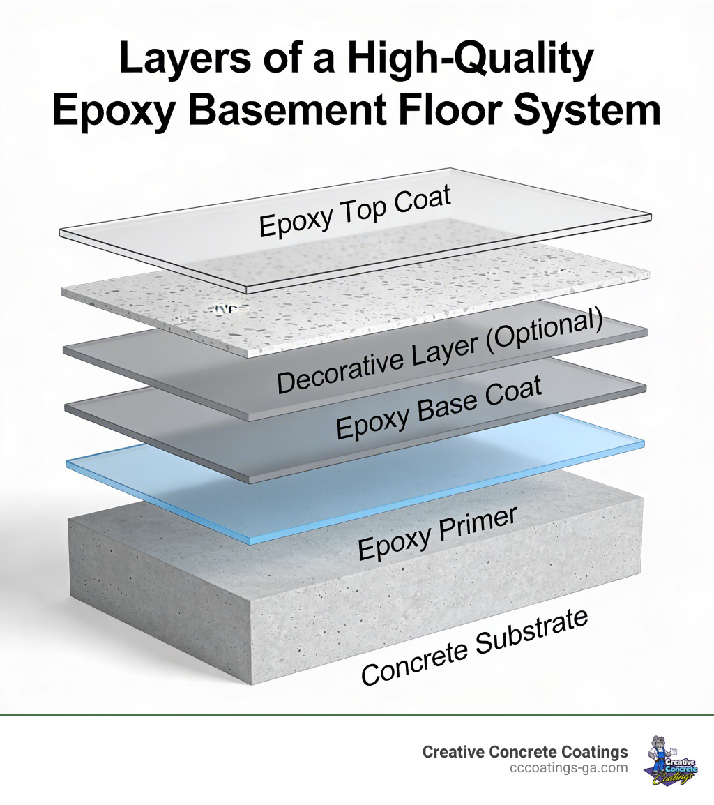 Infographic showing layers of a high-quality epoxy basement floor system - best epoxy paint for basement floor infographic Infographic showing layers of a high-quality epoxy basement floor system - best epoxy paint for basement floor infographic