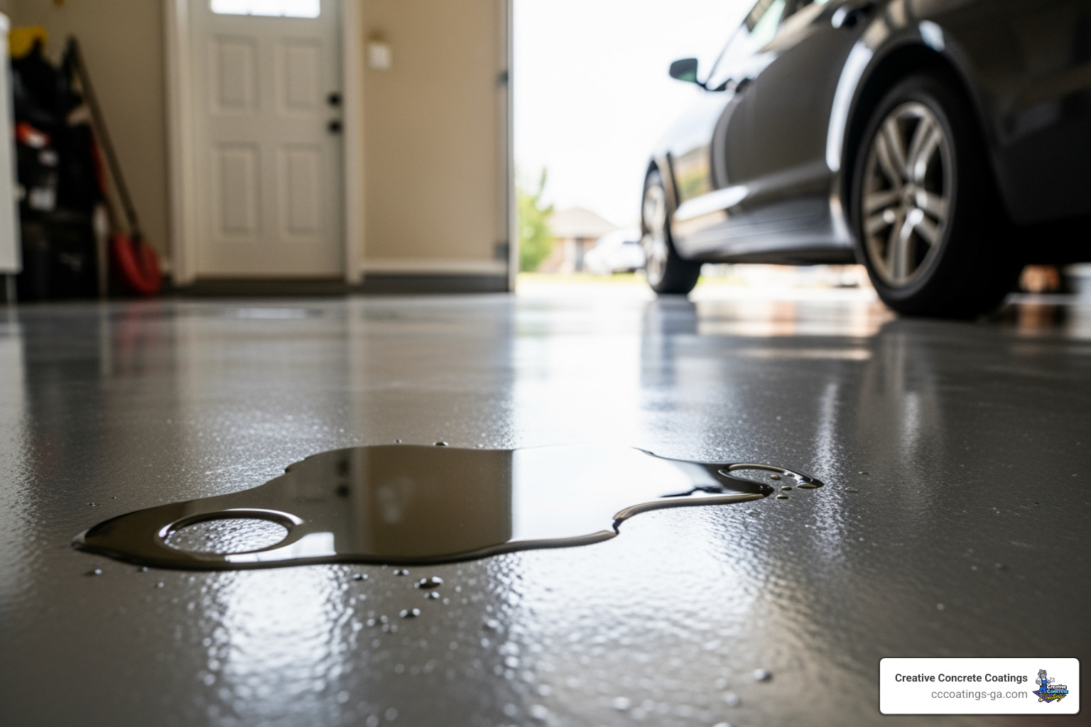 Garage floor with chemical resistant epoxy coating protecting against oil spills - best way to epoxy garage floor Garage floor with chemical resistant epoxy coating protecting against oil spills - best way to epoxy garage floor