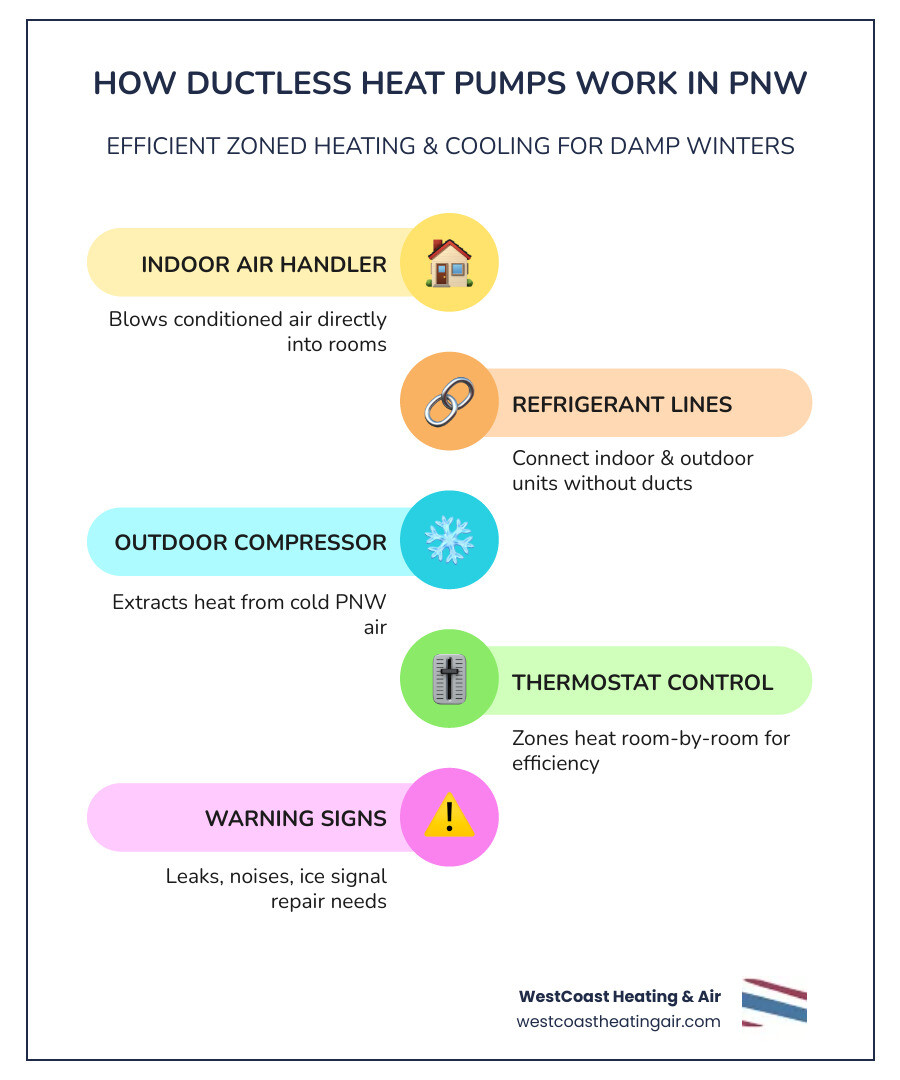 Infographic showing how ductless heat pumps work in the Pacific Northwest climate with repair warning signs - ductless Infographic showing how ductless heat pumps work in the Pacific Northwest climate with repair warning signs - ductless