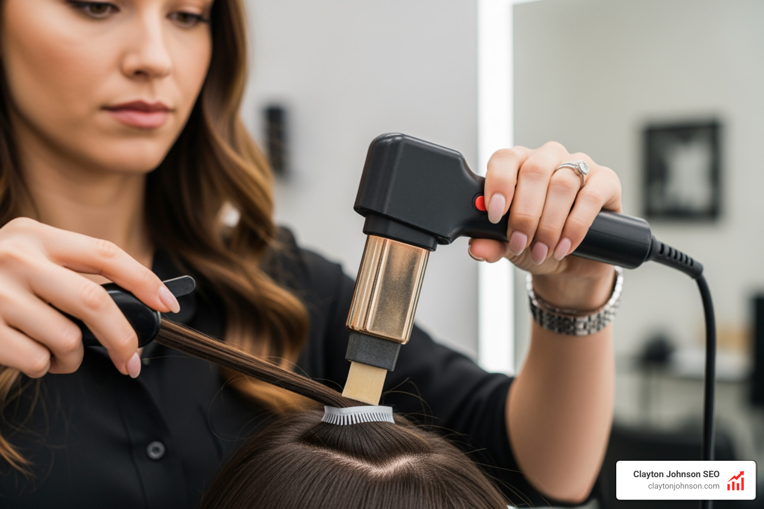 stylist using a professional fusion heat tool to apply keratin bonds - fusion hair extensions price