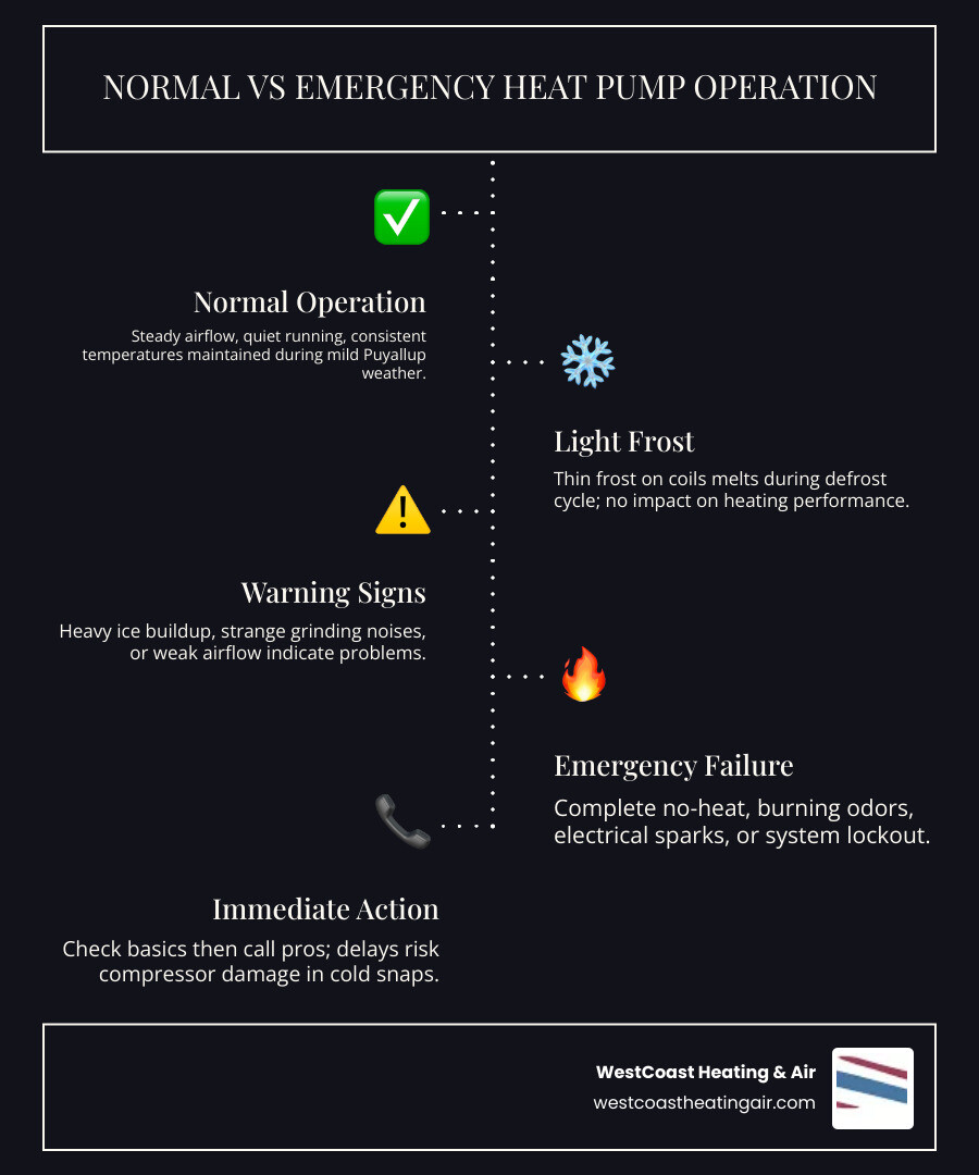 Infographic showing normal heat pump operation vs emergency failure signs in Puyallup WA - emergency heat pump repair in