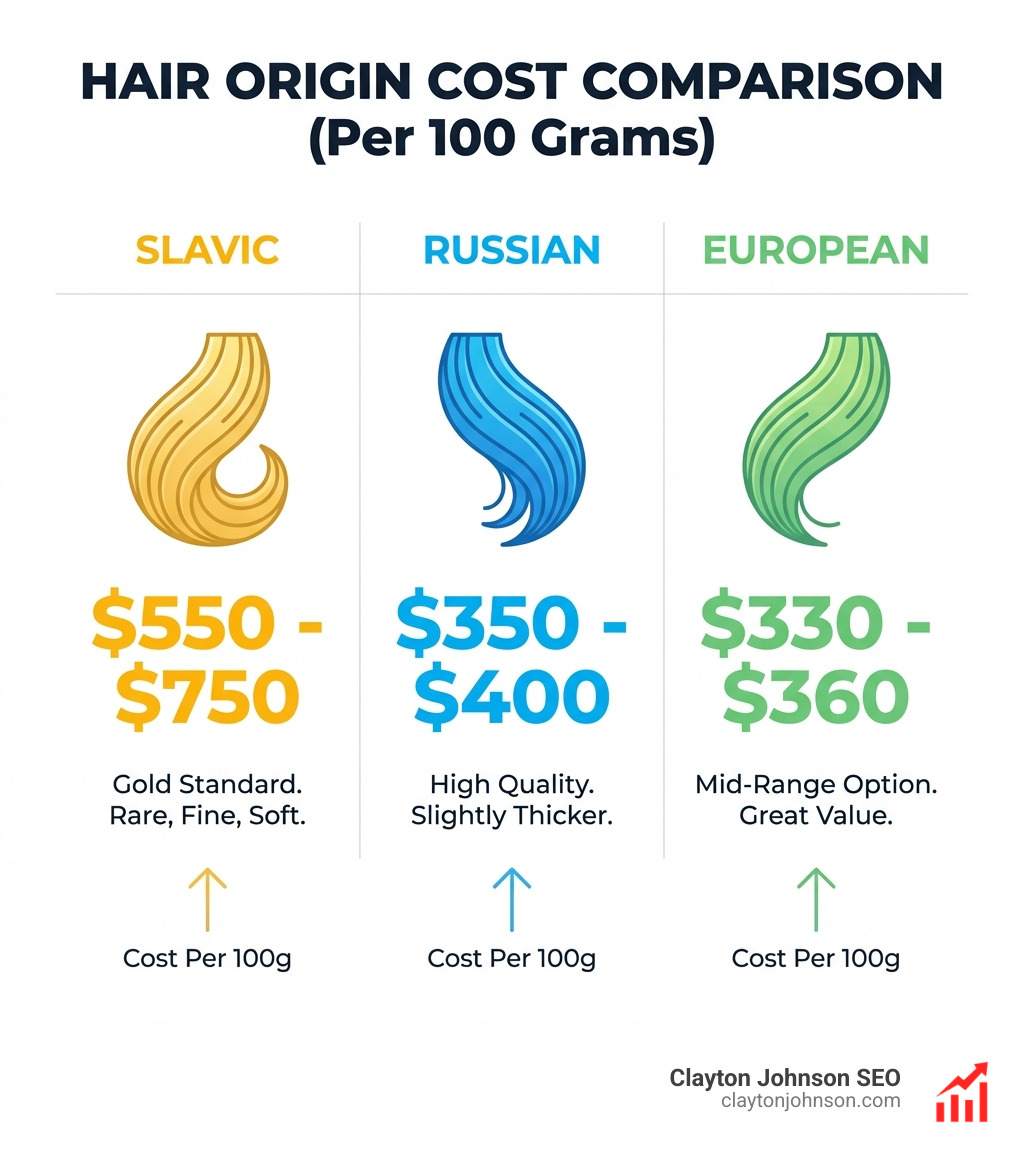 Comparison of hair origin costs: Slavic vs Russian vs European hair per 100 grams - fusion hair extensions price infographic 