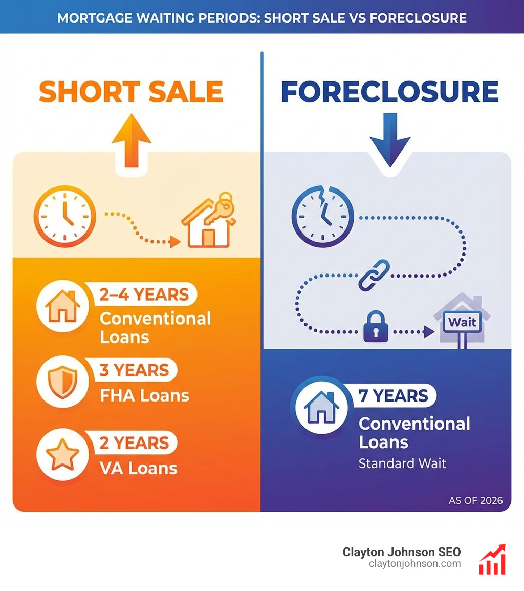 Infographic showing mortgage waiting periods for short sale vs foreclosure - short sale vs foreclosure infographic 