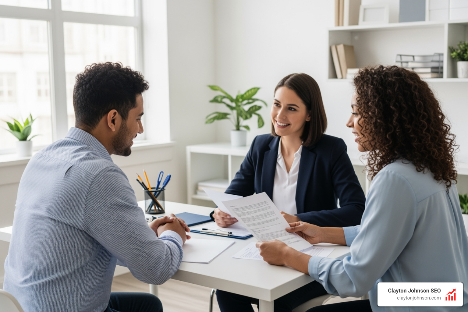 Homeowner meeting with a legitimate HUD-approved counselor in a professional office setting - foreclosure specialists Homeowner meeting with a legitimate HUD-approved counselor in a professional office setting - foreclosure specialists