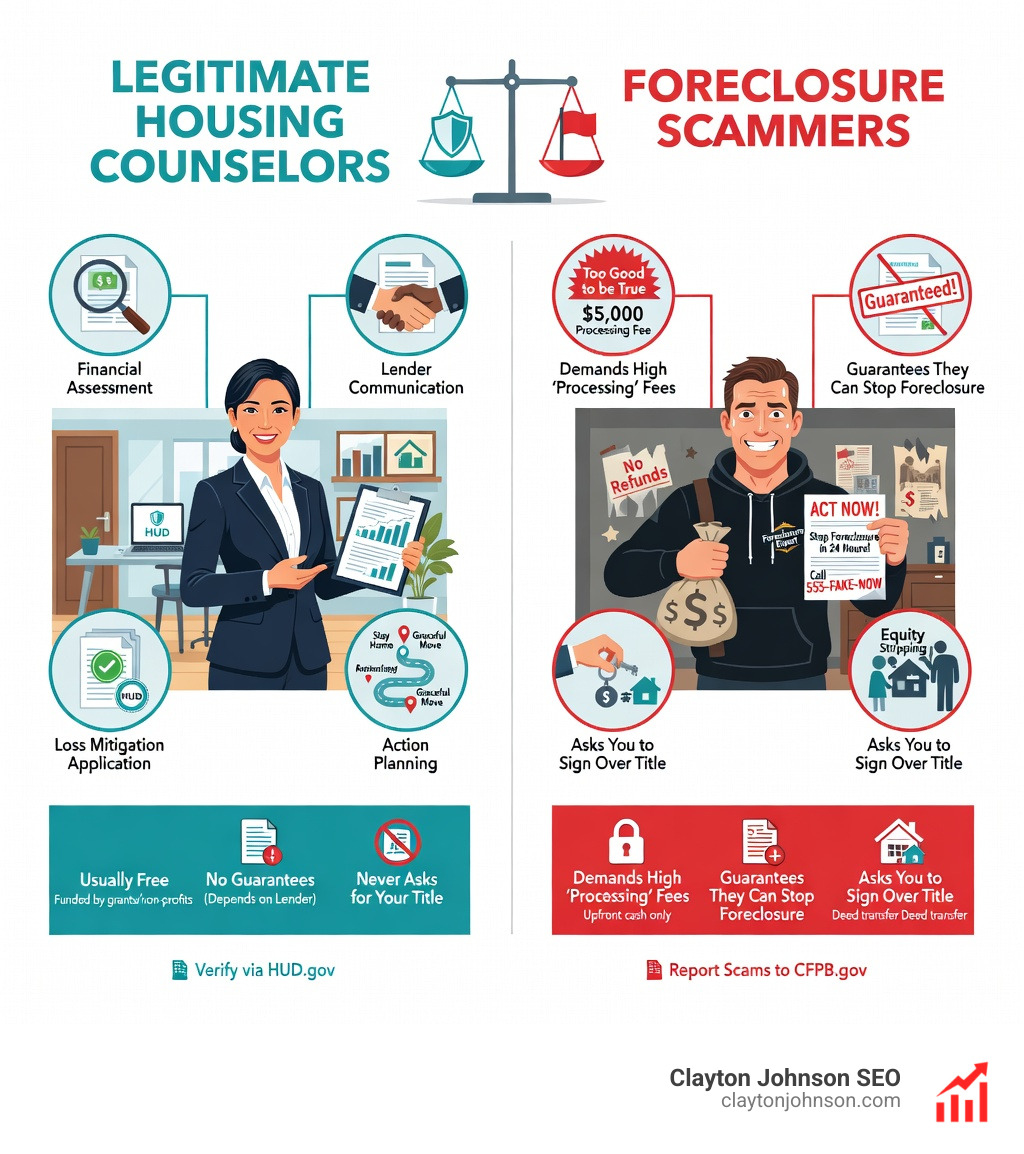 Legitimate Housing Counselors vs. Foreclosure Scammers - foreclosure specialists infographic Legitimate Housing Counselors vs. Foreclosure Scammers - foreclosure specialists infographic