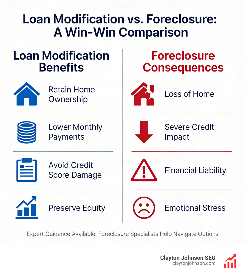 Graphic showing the benefits of loan modification versus foreclosure - foreclosure specialists infographic Graphic showing the benefits of loan modification versus foreclosure - foreclosure specialists infographic