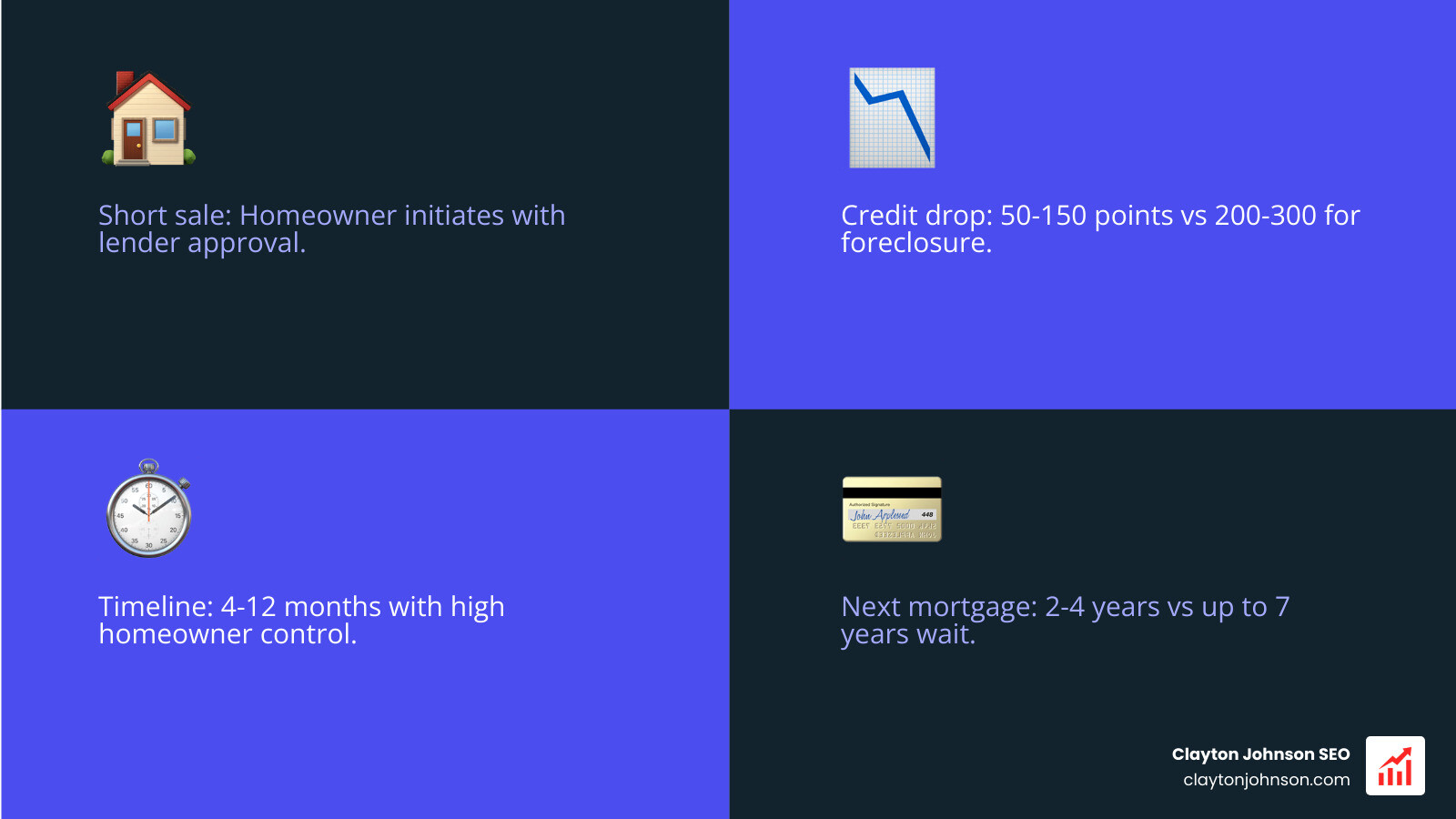 Short sale vs foreclosure comparison infographic: process, credit impact, timeline, and mortgage waiting periods - short