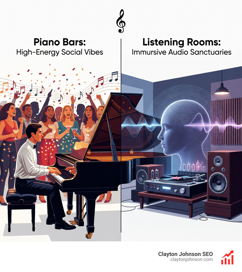 Infographic comparing the high energy of piano bars versus the focused immersion of listening rooms - lounges near me with