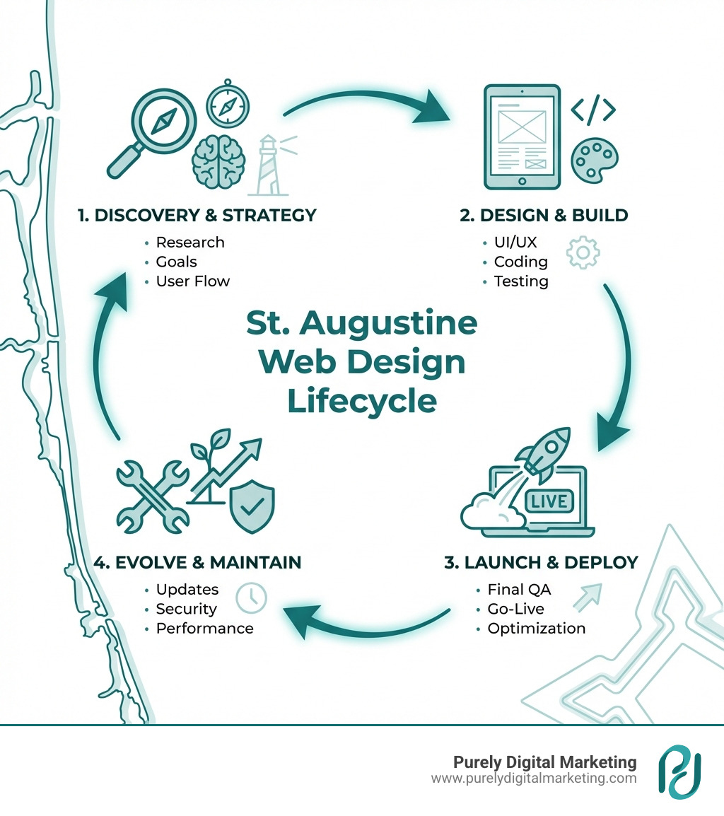 Web design lifecycle infographic showing steps from discovery to launch to ongoing maintenance - st augustine web design Web design lifecycle infographic showing steps from discovery to launch to ongoing maintenance - st augustine web design