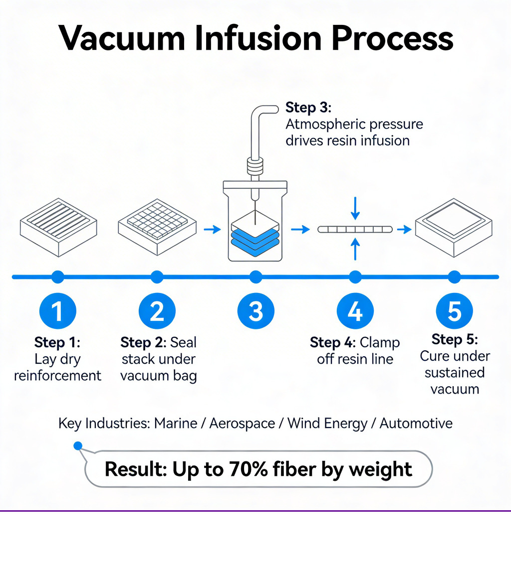 Infographic: atmospheric pressure driving resin into dry laminate stack under vacuum bag - Vacuum Infusion infographic 