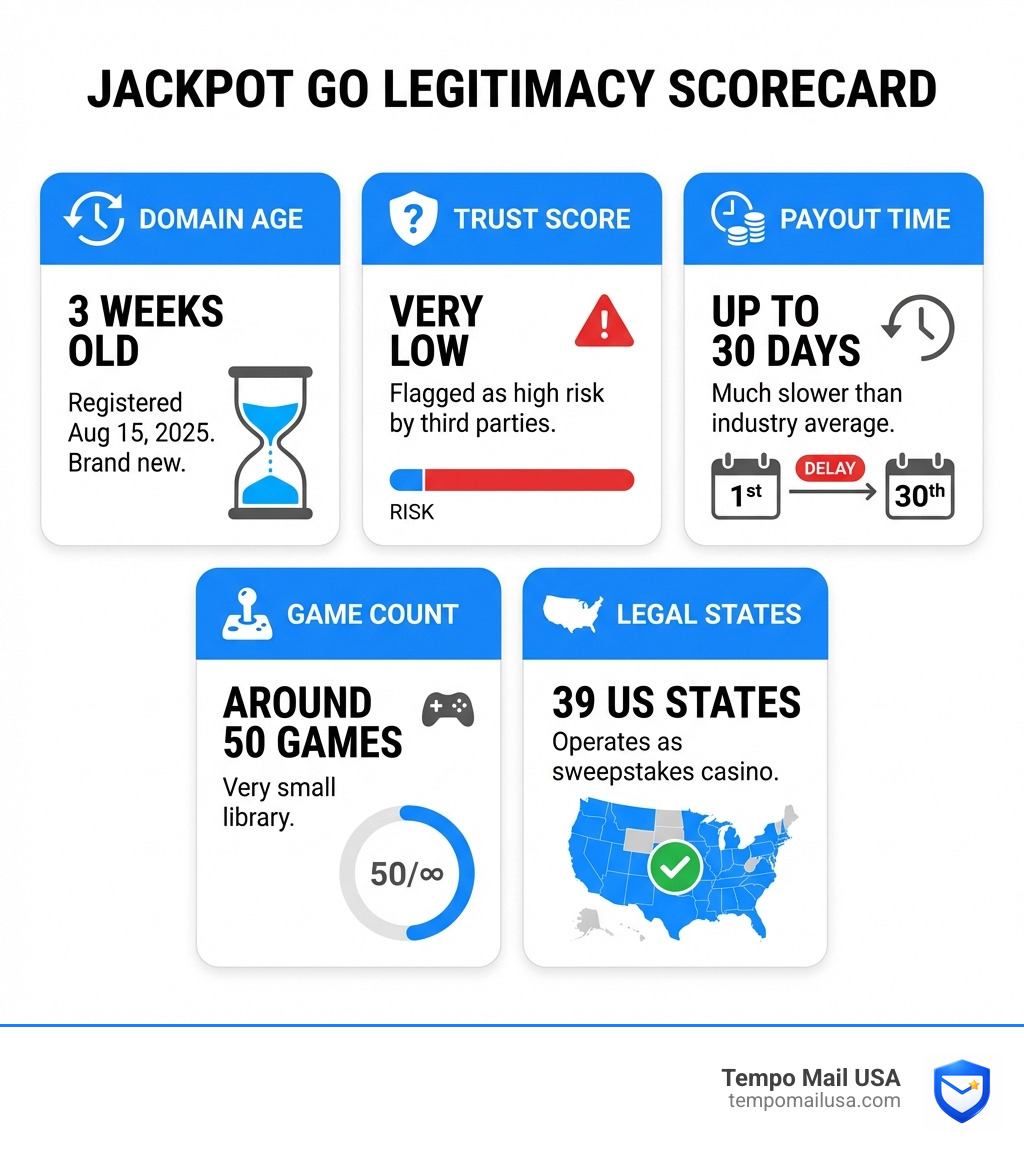 Infographic: Jackpot Go legitimacy scorecard showing domain age, trust score, payout time, game count, and legal states - is