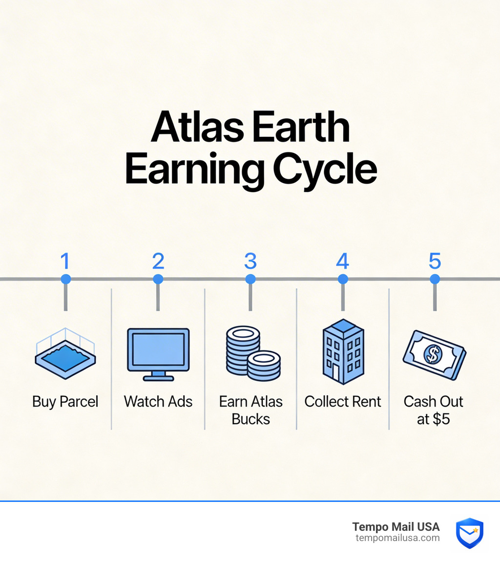 Atlas Earth earning cycle infographic: buy parcel, watch ads, earn Atlas Bucks, collect rent, cash out at $5 - atlas earth