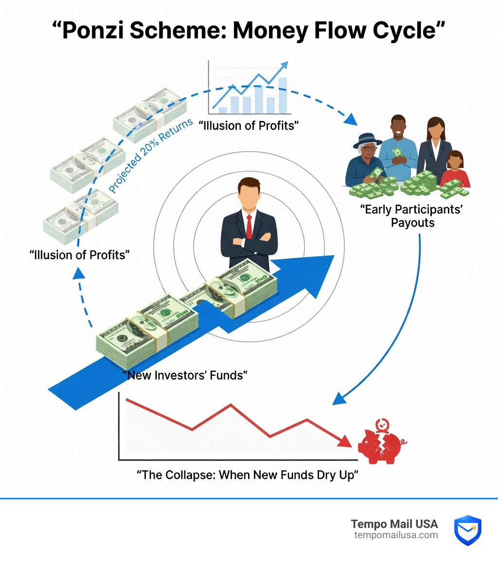 Flow of money from new investors to early participants in a Ponzi scheme - what is a ponzi scam infographic Flow of money from new investors to early participants in a Ponzi scheme - what is a ponzi scam infographic