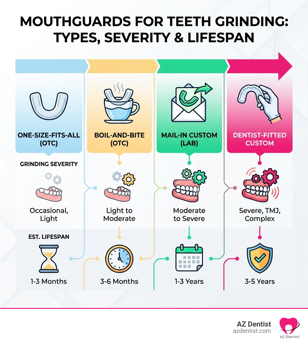 Infographic showing types of mouthguards for teeth grinding, grinding severity levels, and estimated guard lifespan - best