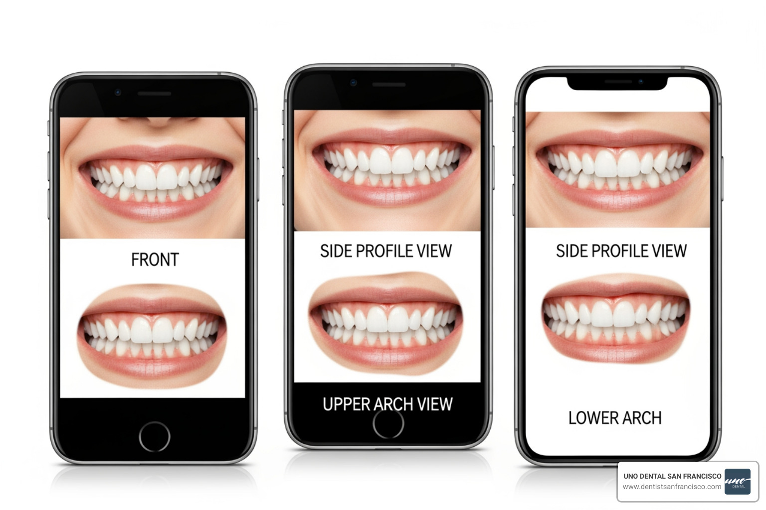 professional dental photo angles showing front, side, and arch views - Online smile assessment professional dental photo angles showing front, side, and arch views - Online smile assessment