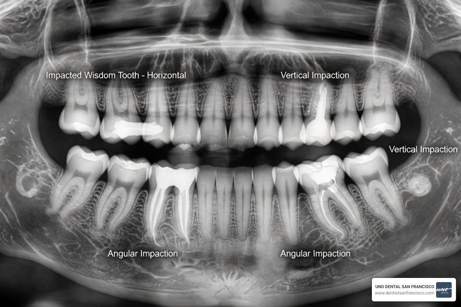 Digital X-ray showing impacted wisdom teeth at different angles - sedation for wisdom teeth Digital X-ray showing impacted wisdom teeth at different angles - sedation for wisdom teeth