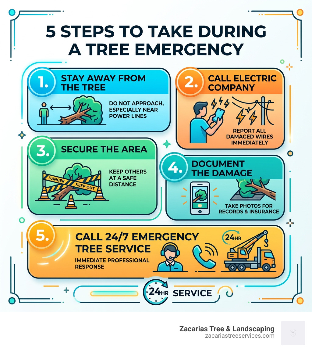 5 steps to take during a tree emergency infographic - 24hr tree service infographic 