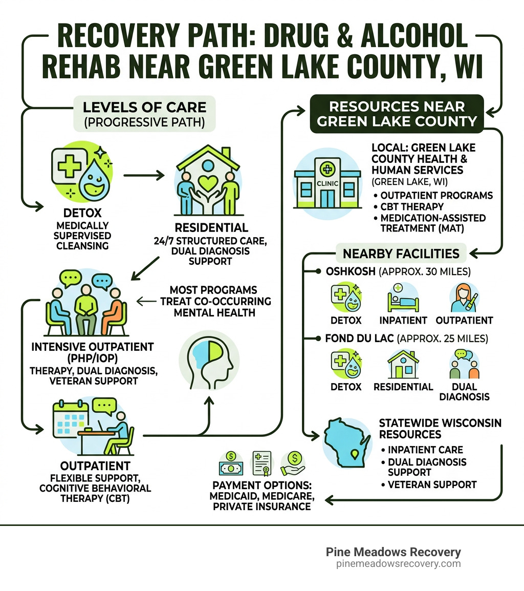 Infographic showing drug and alcohol rehab levels of care and resources near Green Lake County WI - Drug and Alcohol Rehab