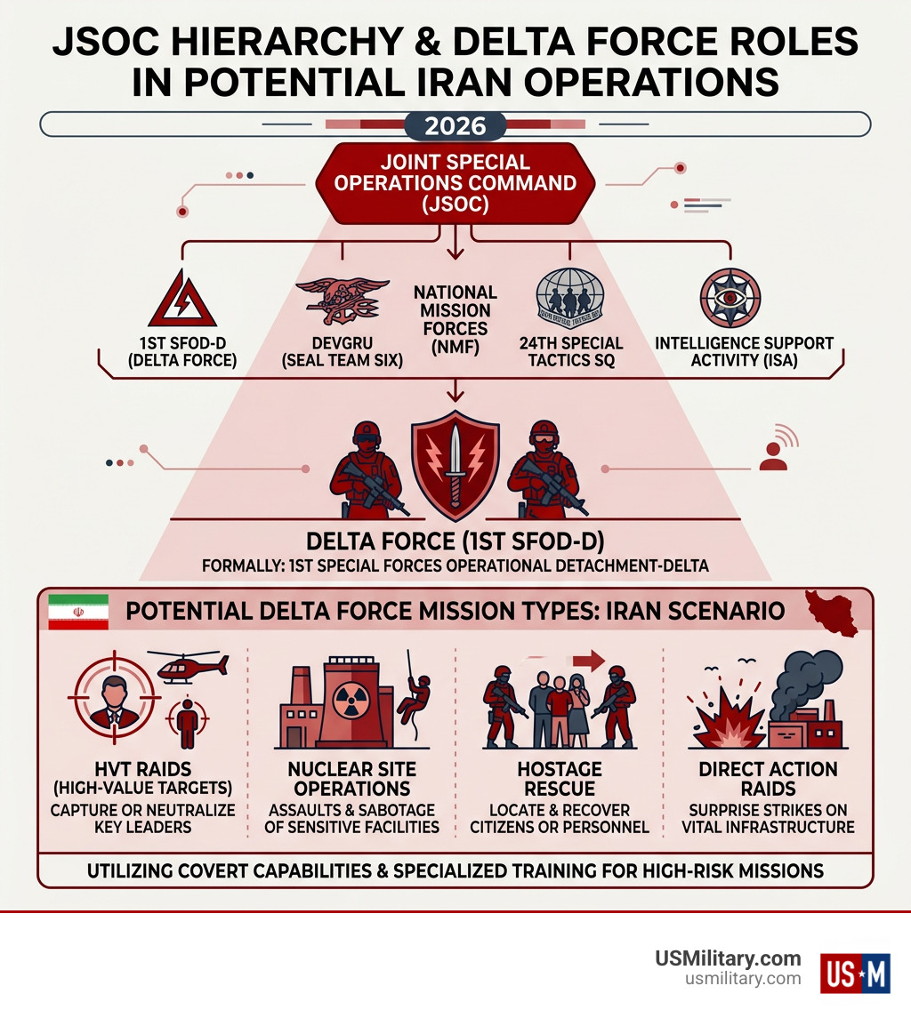 Infographic showing JSOC hierarchy and Delta Force role in potential Iran operations - Will Army Delta Force Operators Play Infographic showing JSOC hierarchy and Delta Force role in potential Iran operations - Will Army Delta Force Operators Play