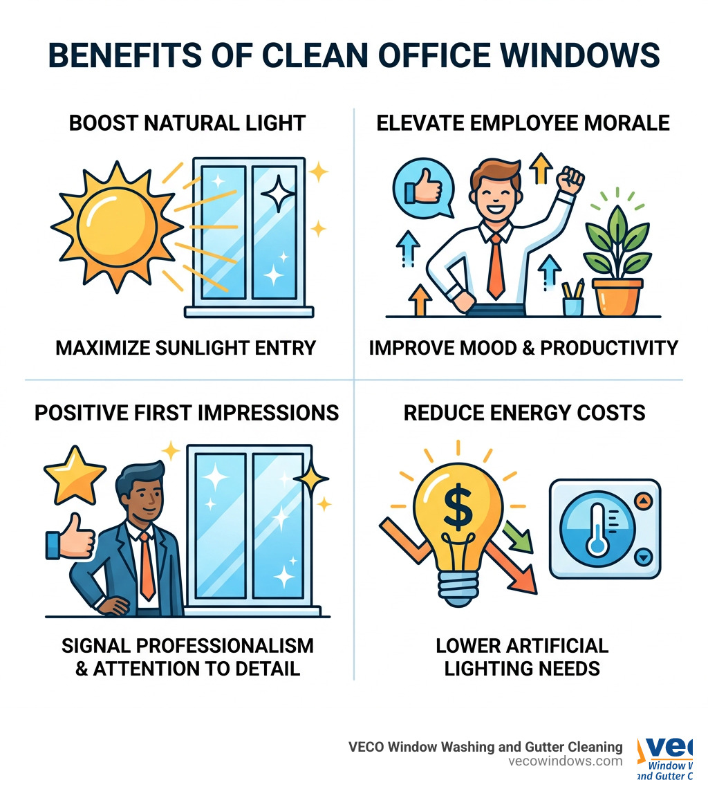 Infographic showing how clean office windows impact natural light, employee morale, first impressions, and energy costs Infographic showing how clean office windows impact natural light, employee morale, first impressions, and energy costs