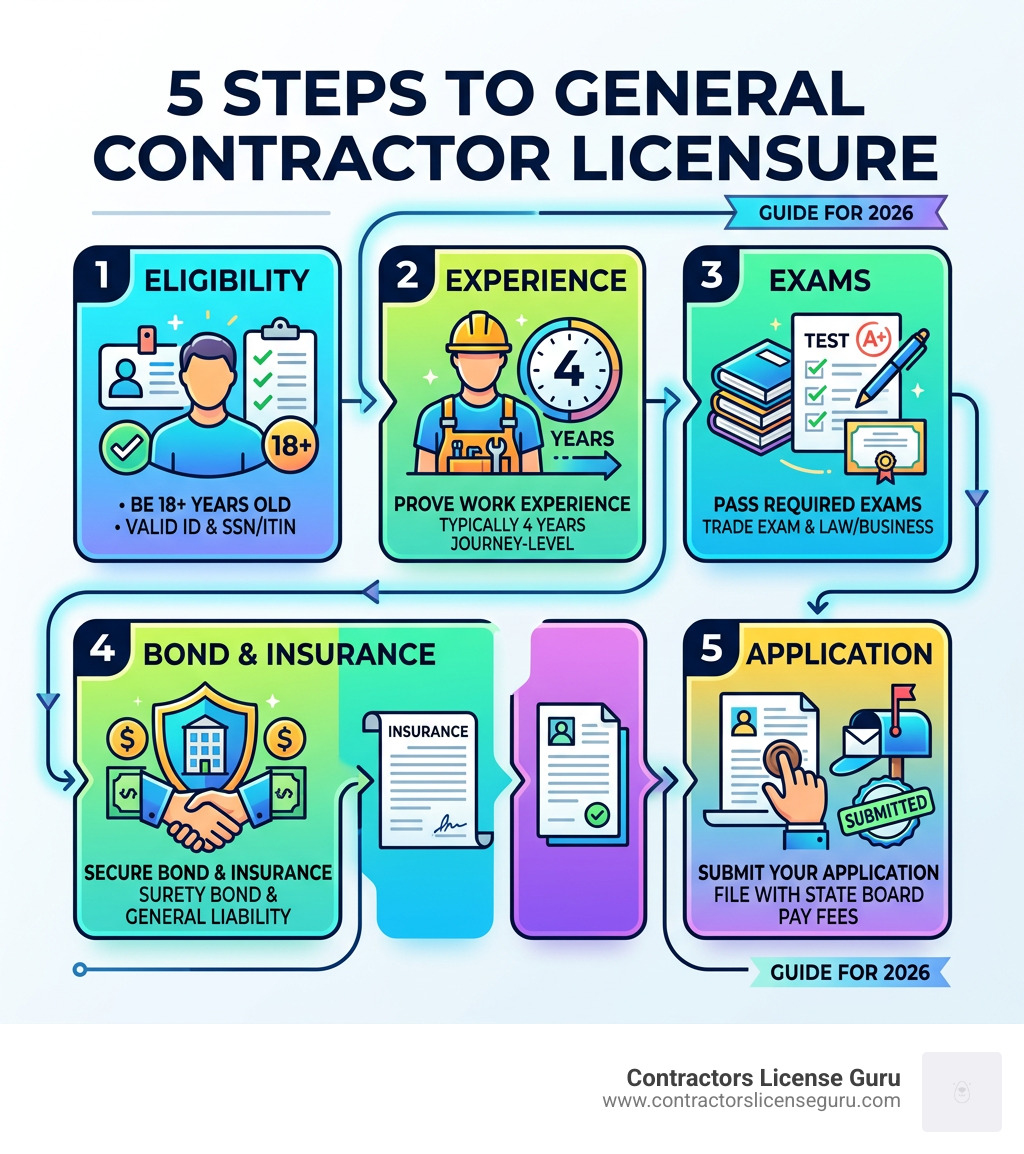 5 steps to general contractor licensure: eligibility, experience, exams, bond and insurance, application - General
