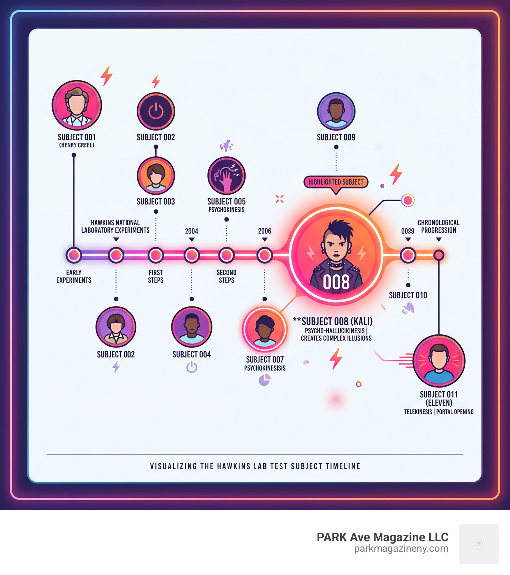 Timeline infographic of Hawkins Lab test subjects 001 to 011 with Kali Eight highlighted - kali stranger things infographic Timeline infographic of Hawkins Lab test subjects 001 to 011 with Kali Eight highlighted - kali stranger things infographic