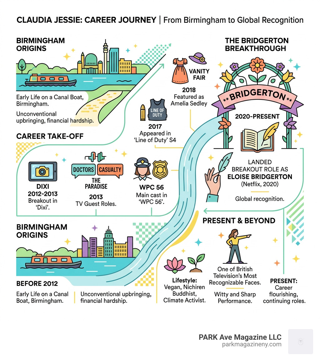 Claudia Jessie career timeline from 2012 Bridgerton Birmingham origins to present - claudia jessie infographic Claudia Jessie career timeline from 2012 Bridgerton Birmingham origins to present - claudia jessie infographic