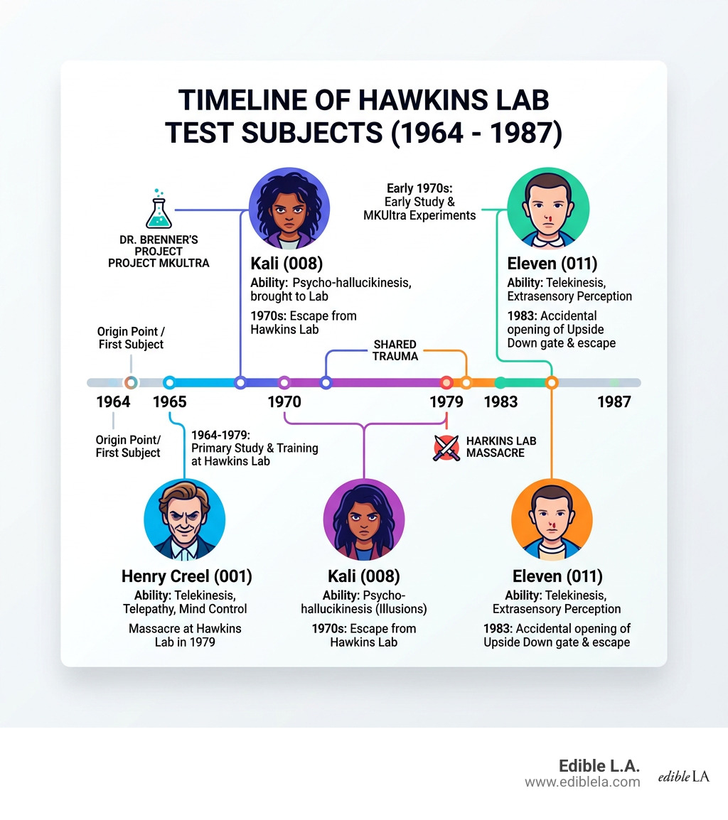 Timeline of Hawkins Lab test subjects from 1964 to 1987, showing Kali, Eleven, and Henry Creel - kali stranger things