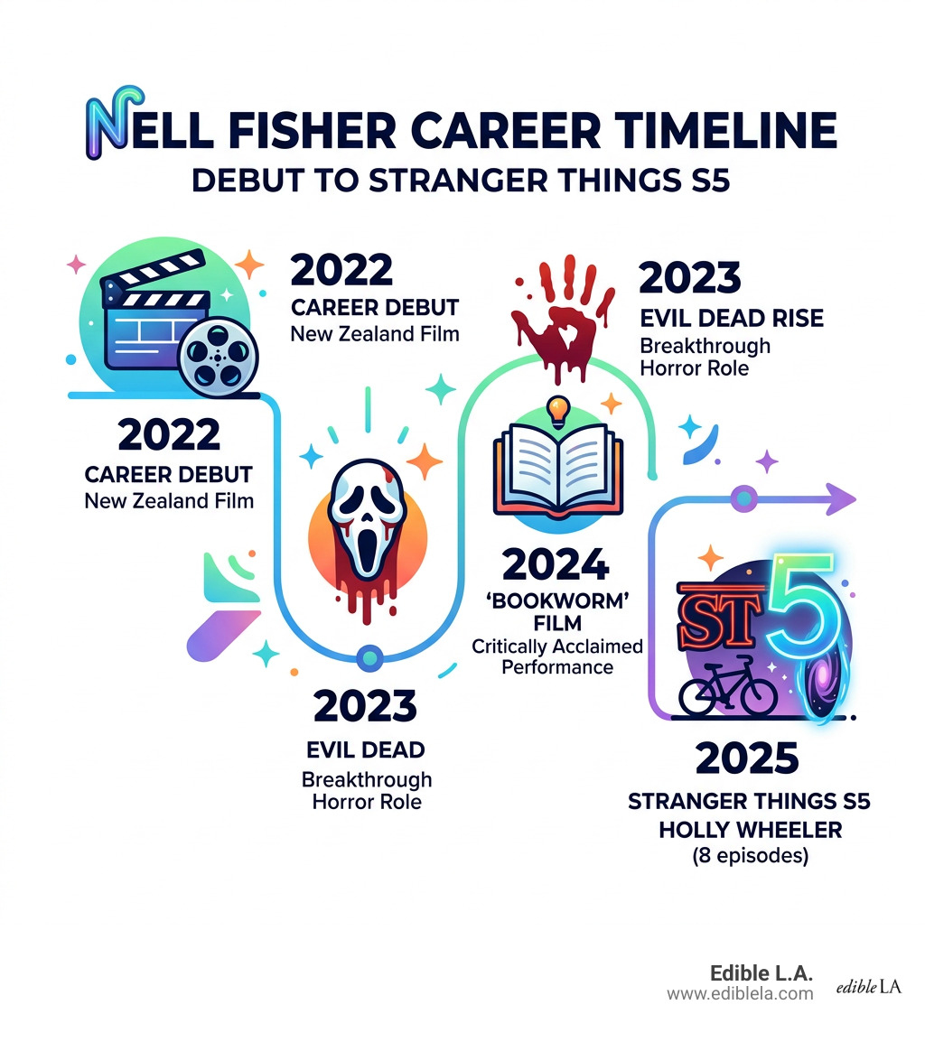 Nell Fisher career timeline from 2022 debut to Stranger Things Season 5 in 2025 - nell fisher infographic 