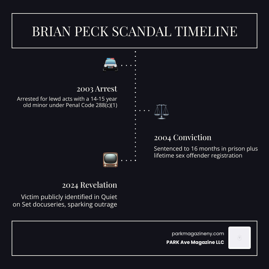 Brian Peck scandal timeline infographic from arrest to Quiet on Set revelation - brian peck infographic