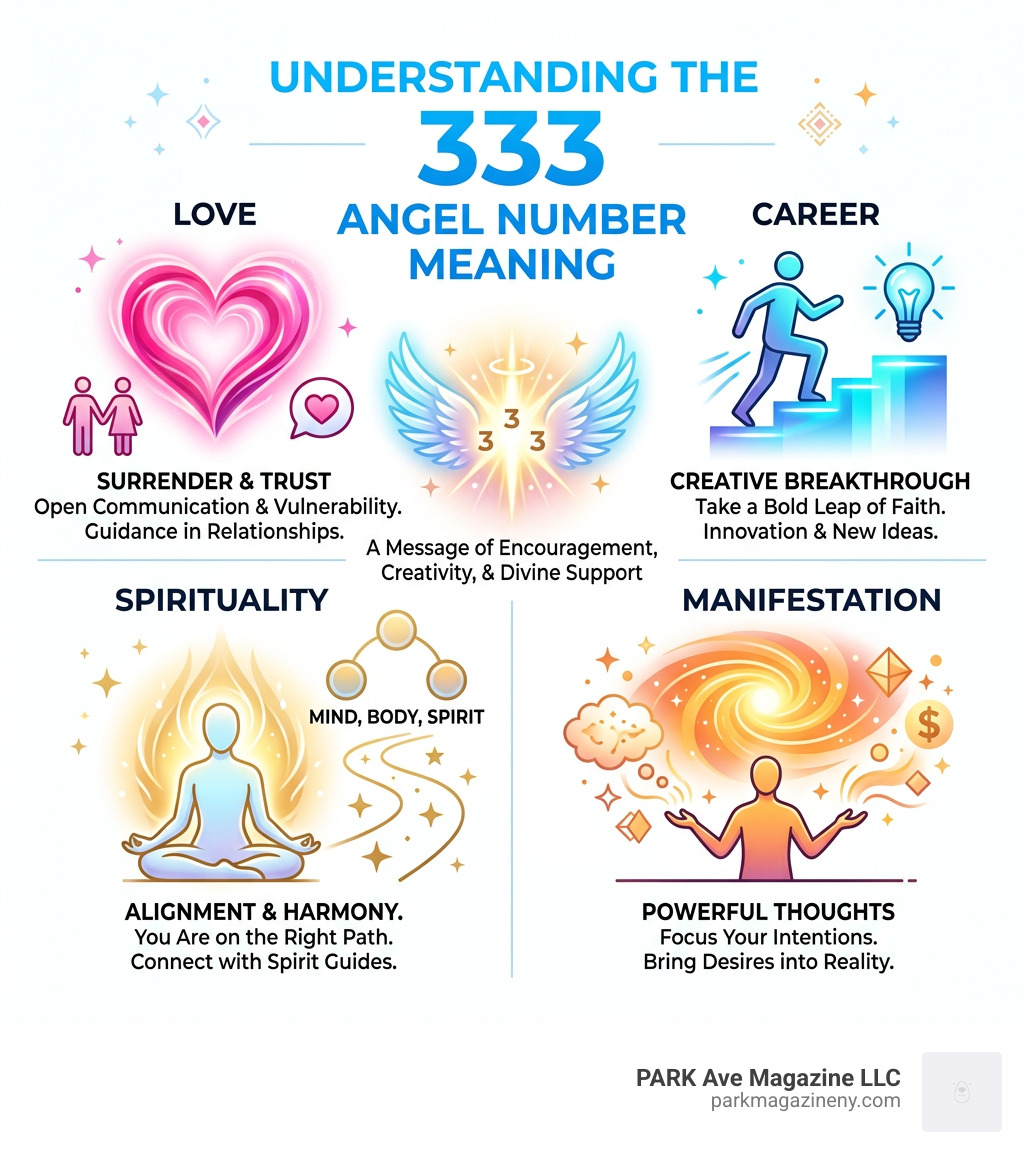 Infographic showing 333 angel number meaning across love, career, spirituality, and manifestation - 333 angel number Infographic showing 333 angel number meaning across love, career, spirituality, and manifestation - 333 angel number