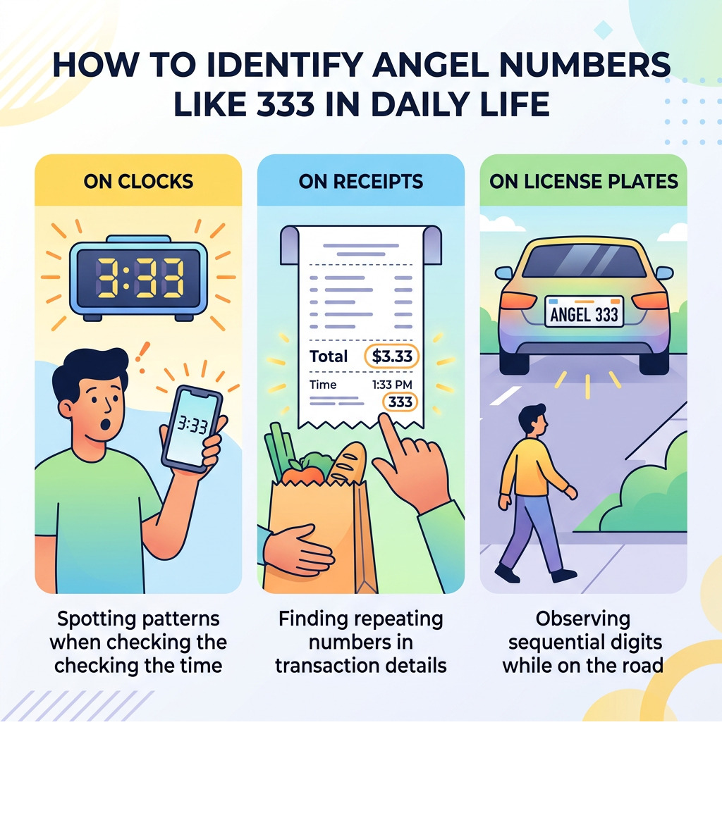 Infographic showing how to identify angel numbers like 333 in daily life on clocks receipts and plates -  333 angel number