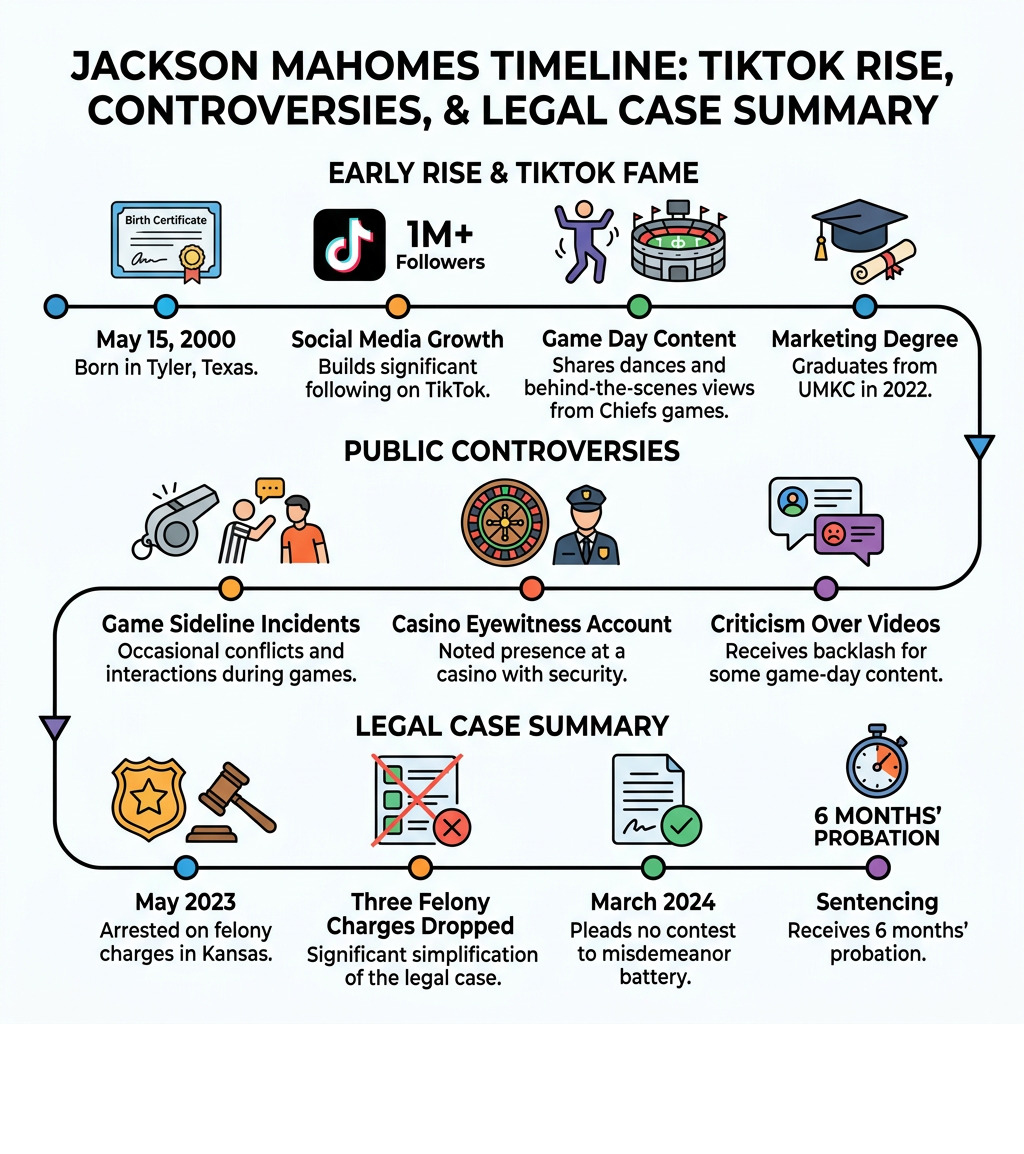 Jackson Mahomes timeline: TikTok rise, controversies, and legal case summary - jackson mahomes infographic 