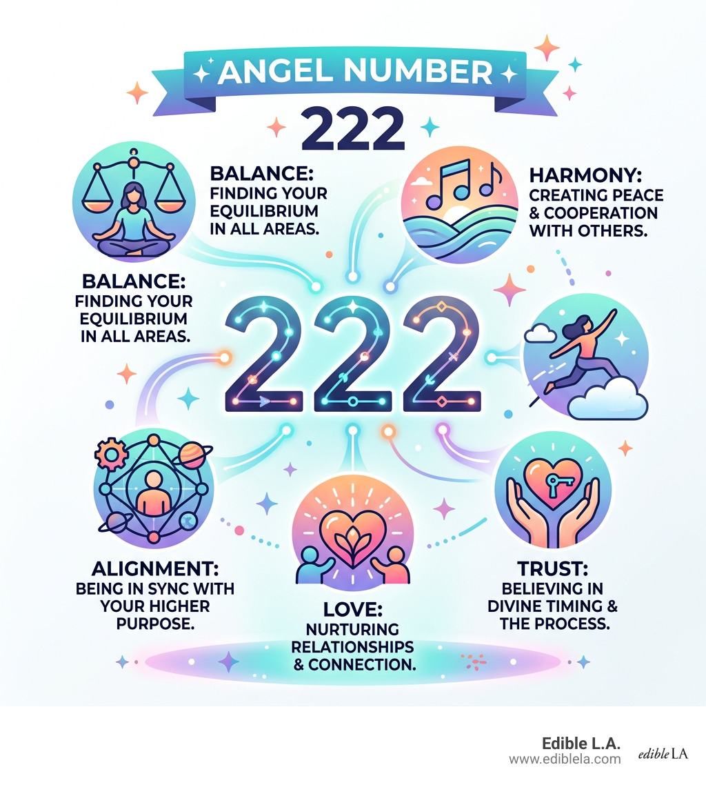 Infographic showing the basics of angel number 222: balance, harmony, trust, love, and alignment - 222 meaning infographic Infographic showing the basics of angel number 222: balance, harmony, trust, love, and alignment - 222 meaning infographic