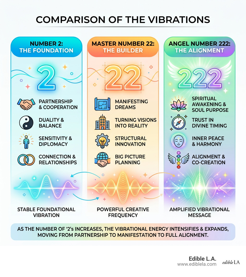 Comparison of the vibrations of 2, 22, and 222 - 222 meaning infographic Comparison of the vibrations of 2, 22, and 222 - 222 meaning infographic