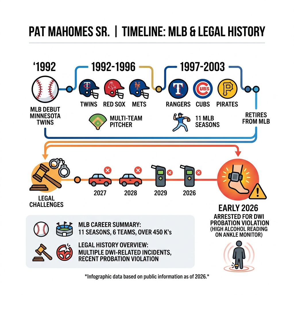 Timeline infographic of Pat Mahomes Sr.'s MLB career and DWI legal history - patrick mahomes dad infographic 