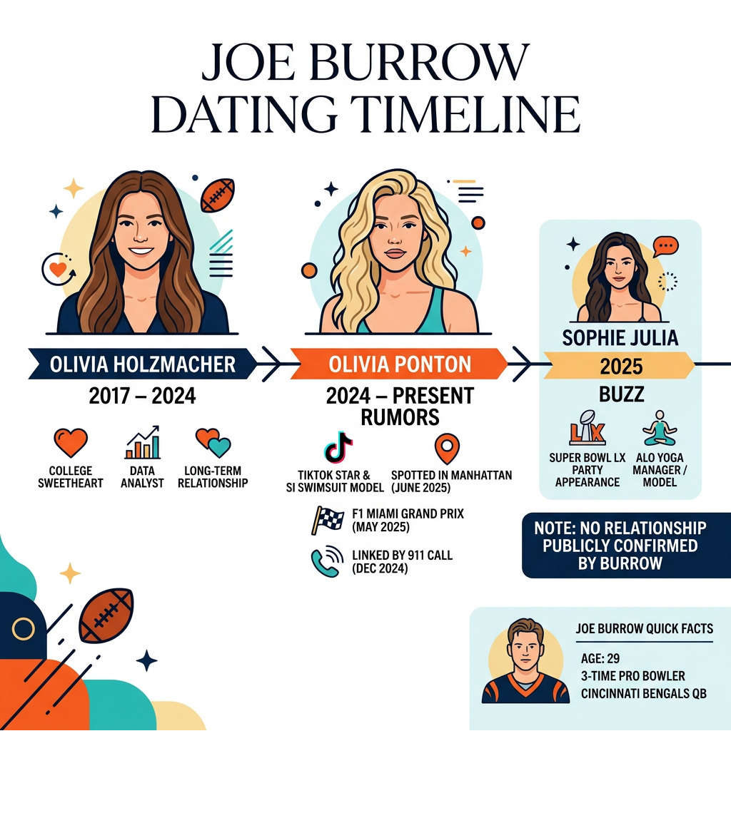 Joe Burrow dating timeline infographic showing Olivia Holzmacher 2017-2024, Olivia Ponton 2024-present rumors, Sophie Julia