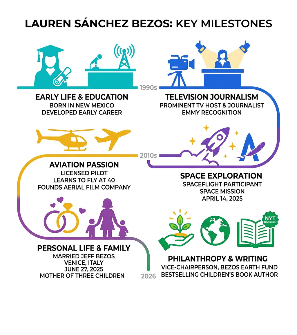 Lauren Sánchez Bezos career and life milestones infographic - jeff bezos wife infographic 