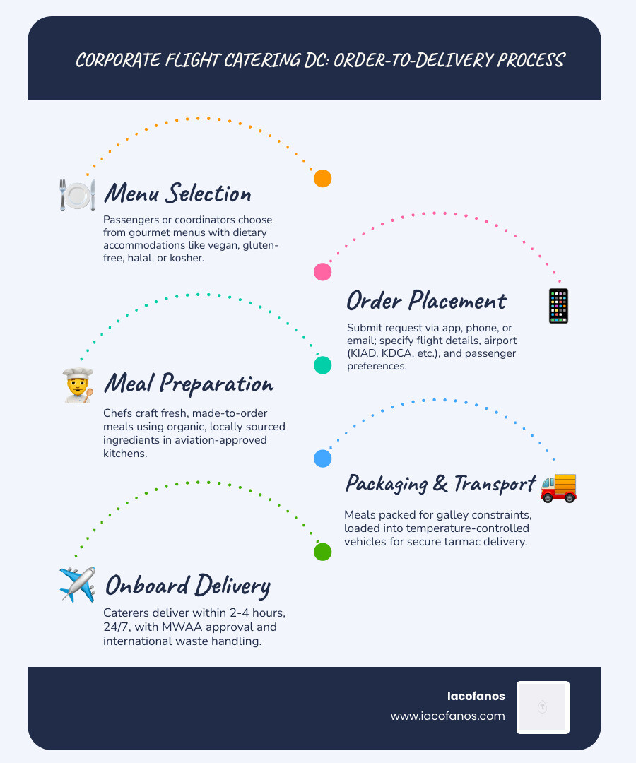 Infographic: Corporate flight catering DC order-to-delivery process from menu selection to tarmac - corporate flight