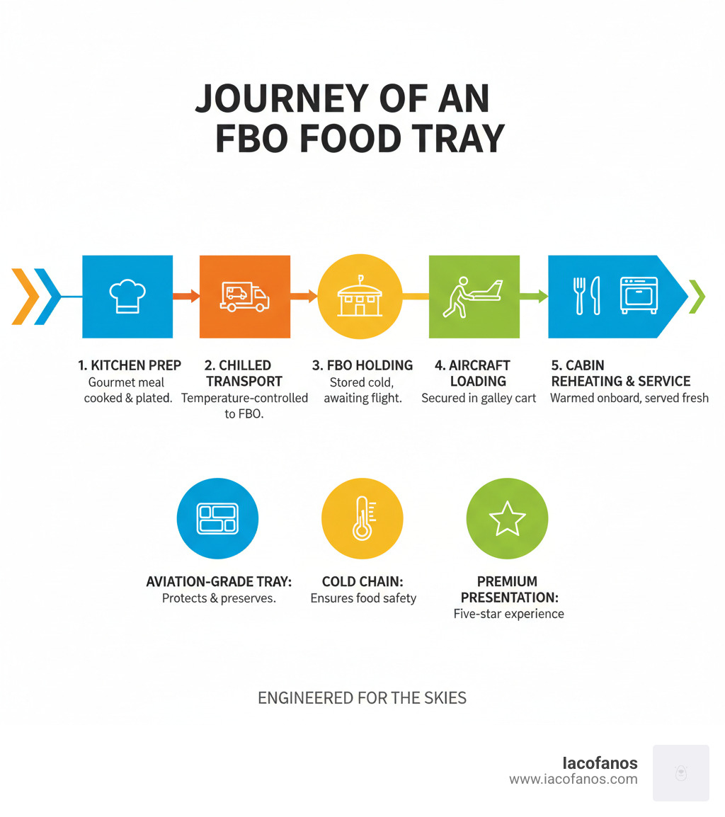Infographic: Journey of an FBO food tray from kitchen prep to private jet cabin reheating - high-end FBO food trays Infographic: Journey of an FBO food tray from kitchen prep to private jet cabin reheating - high-end FBO food trays