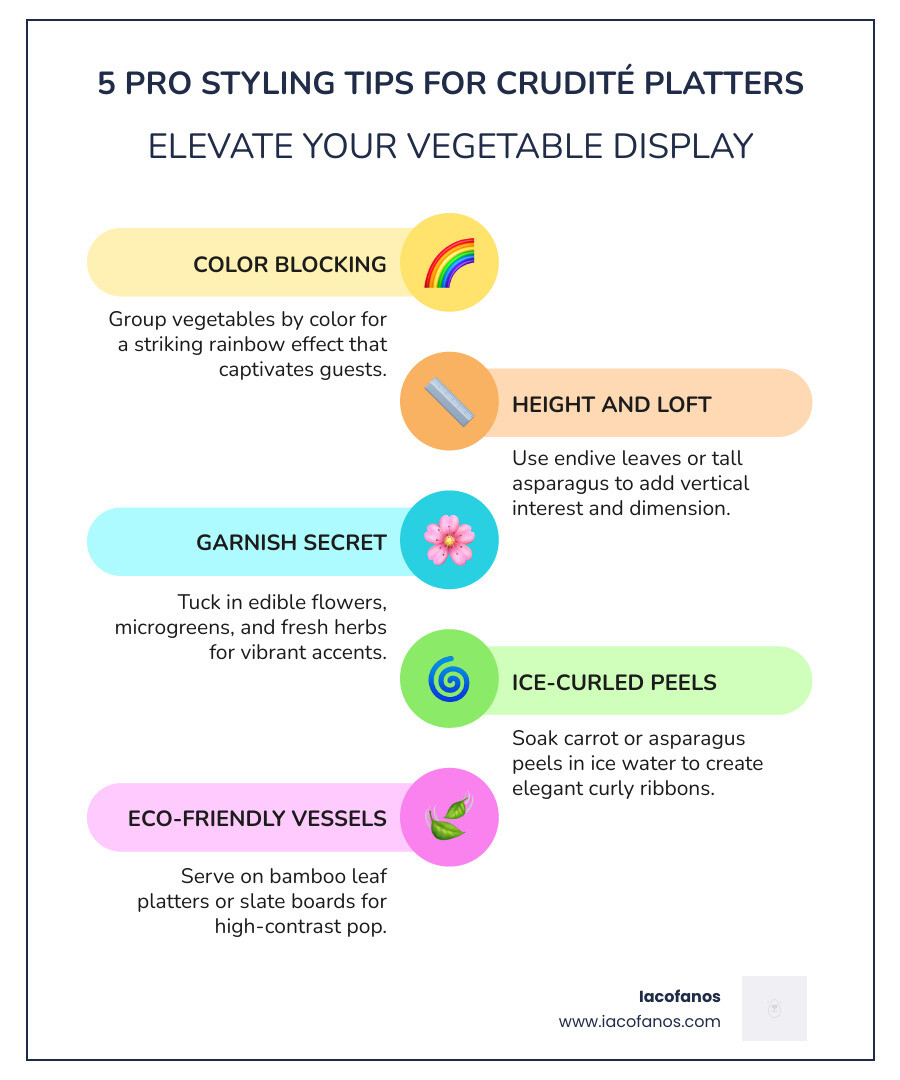 infographic showing color blocking and height techniques for vegetable platters - crudites catering infographic infographic showing color blocking and height techniques for vegetable platters - crudites catering infographic