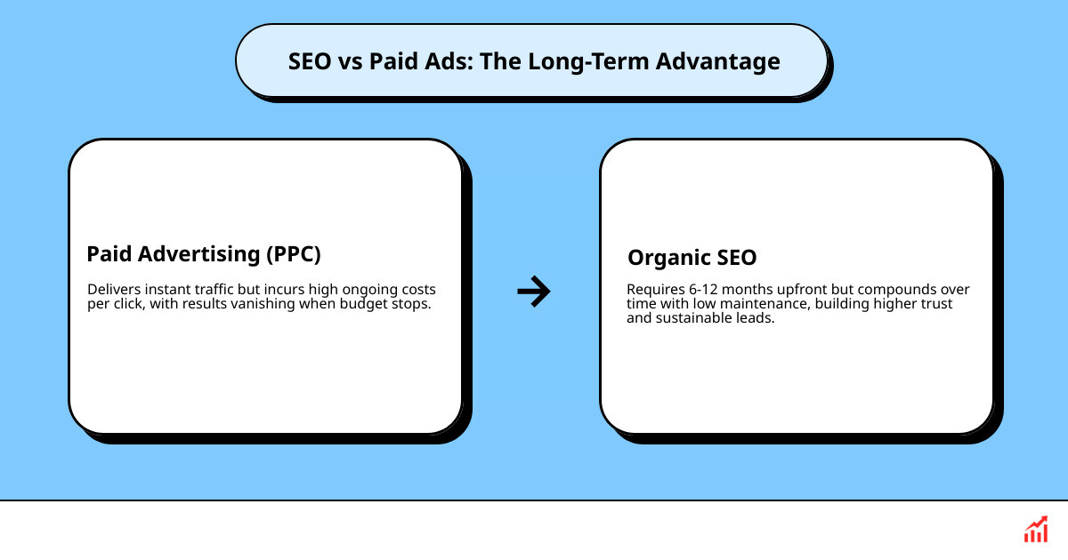Infographic comparing the compounding growth of SEO vs the flat returns of paid advertising - SEO for wealth managers